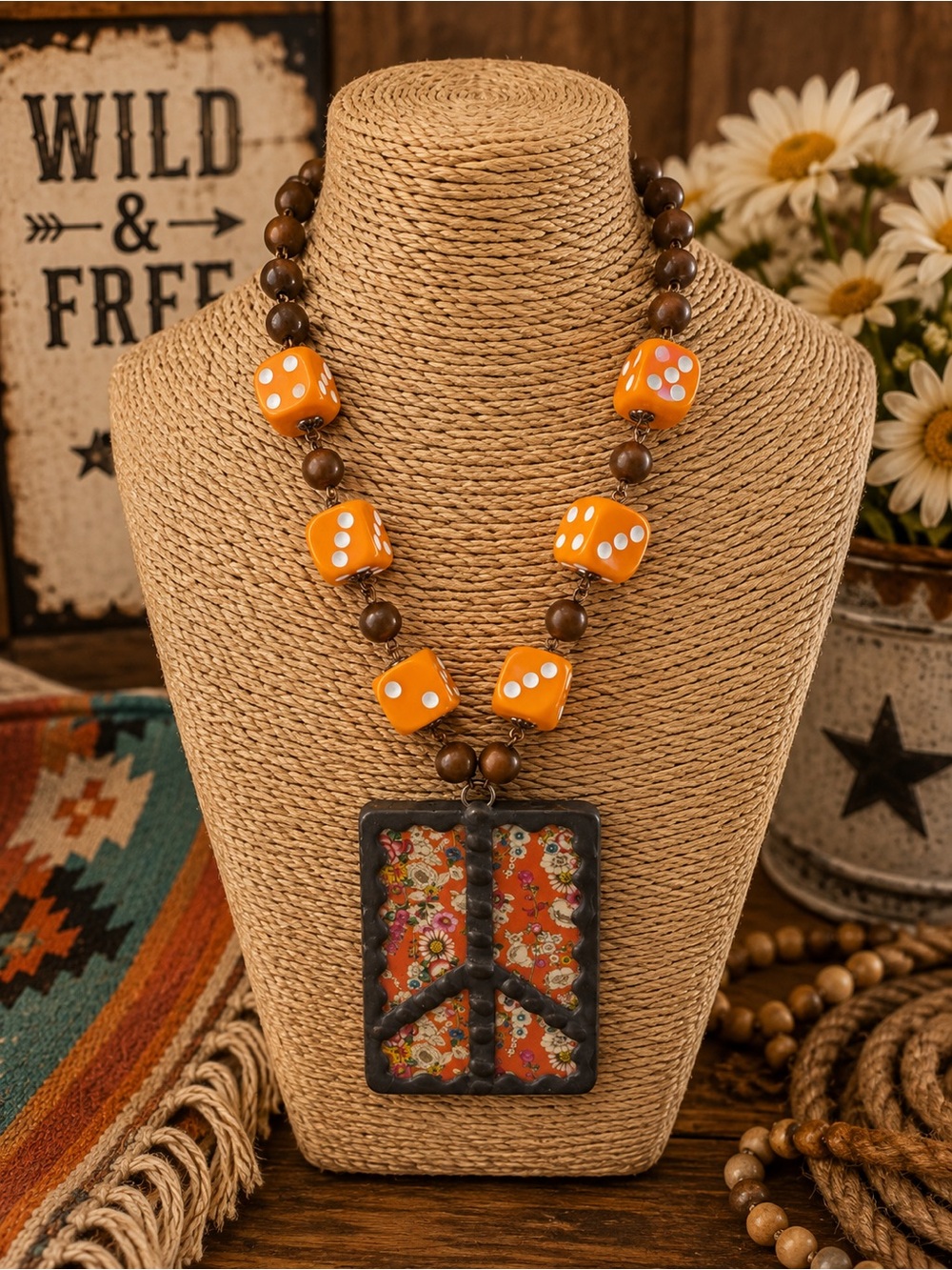 Gypsy South peace sign necklace orange dice